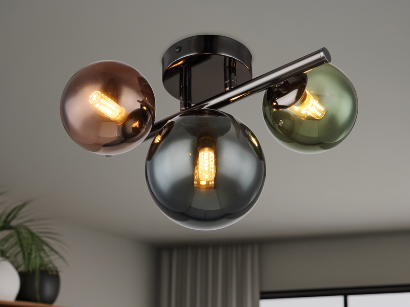 Deckenleuchte RIHA Anthrazit 3-flammig mit bunten Glaskugeln, Breite 28cm
