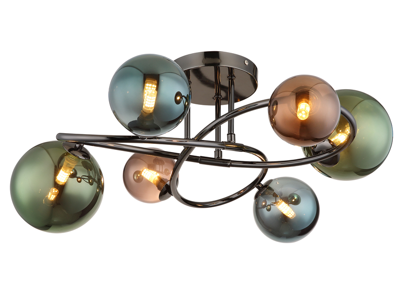 Große Deckenleuchte RIHA Anthrazit 6-flammig mit bunten Glaskugeln, Ø 65cm