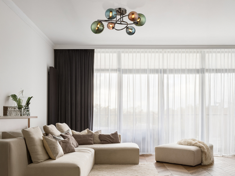 Große Deckenleuchte RIHA Anthrazit 6-flammig mit bunten Glaskugeln, Ø 65cm