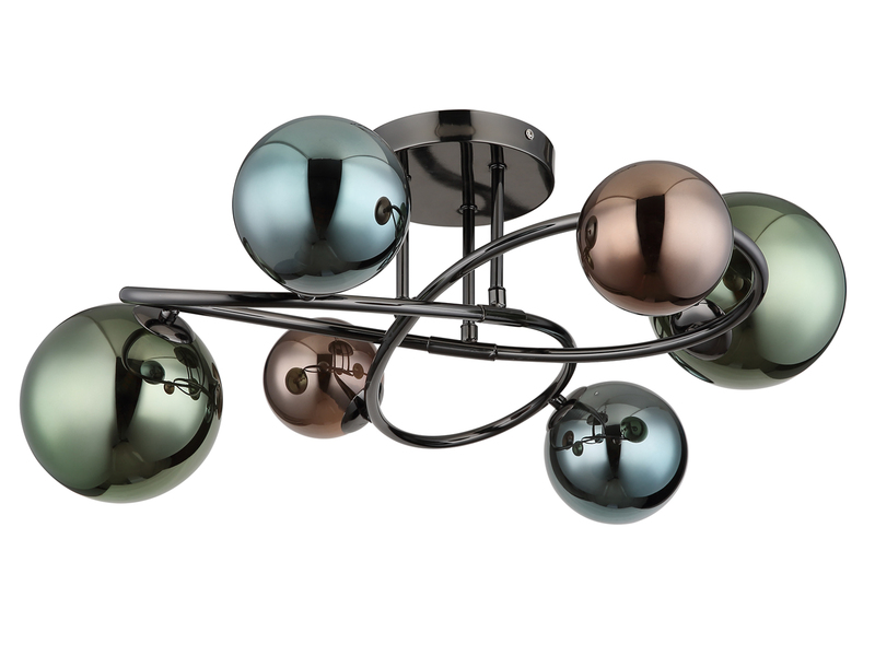 Große Deckenleuchte RIHA Anthrazit 6-flammig mit bunten Glaskugeln, Ø 65cm