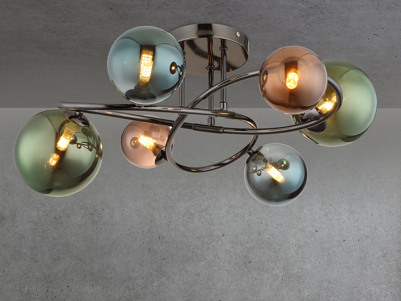 Große Deckenleuchte RIHA Anthrazit 6-flammig mit bunten Glaskugeln, Ø 65cm