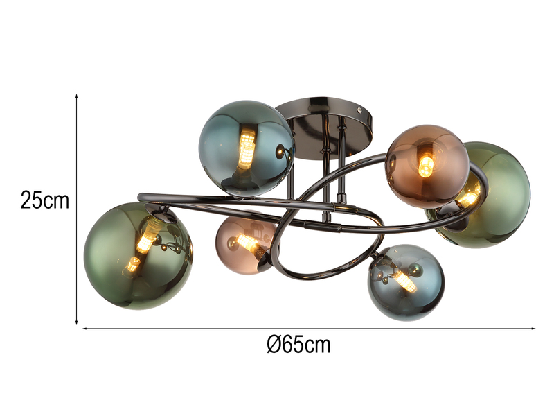 Große Deckenleuchte RIHA Anthrazit 6-flammig mit bunten Glaskugeln, Ø 65cm