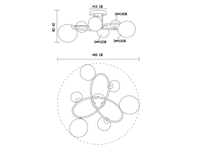 Große Deckenleuchte RIHA Anthrazit 6-flammig mit bunten Glaskugeln, Ø 65cm