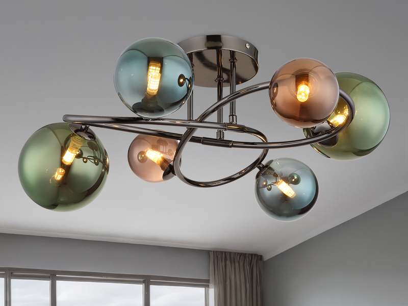 Große Deckenleuchte RIHA Anthrazit 6-flammig mit bunten Glaskugeln, Ø 65cm