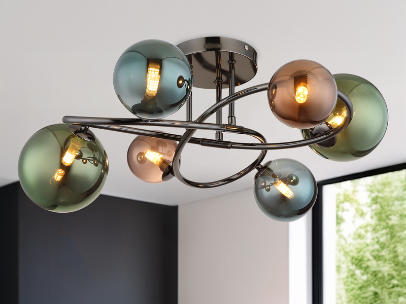 Große Deckenleuchte RIHA Anthrazit 6-flammig mit bunten Glaskugeln, Ø 65cm