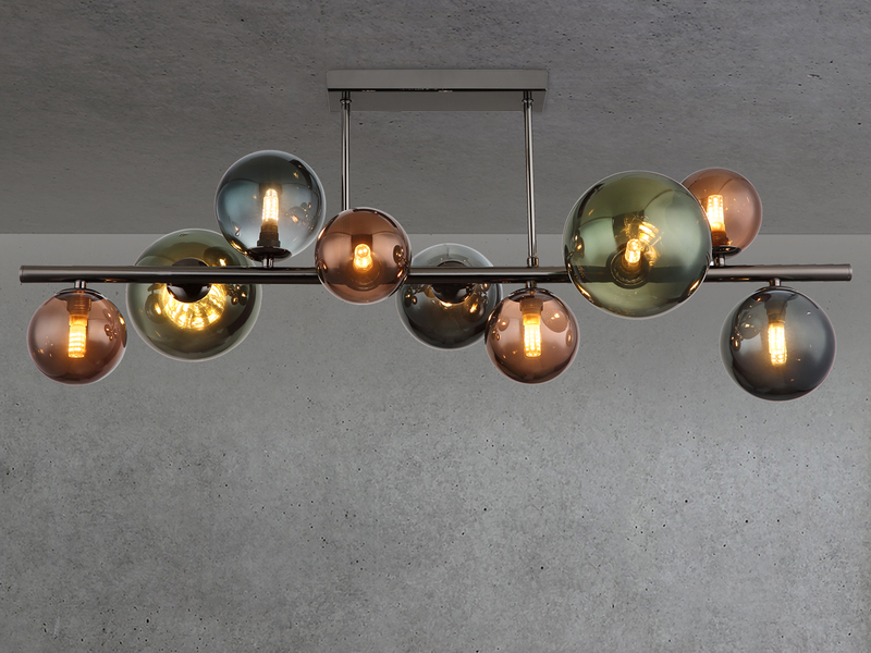Große Deckenleuchte RIHA Anthrazit 9-flammig mit bunten Glaskugeln, Breite 87cm