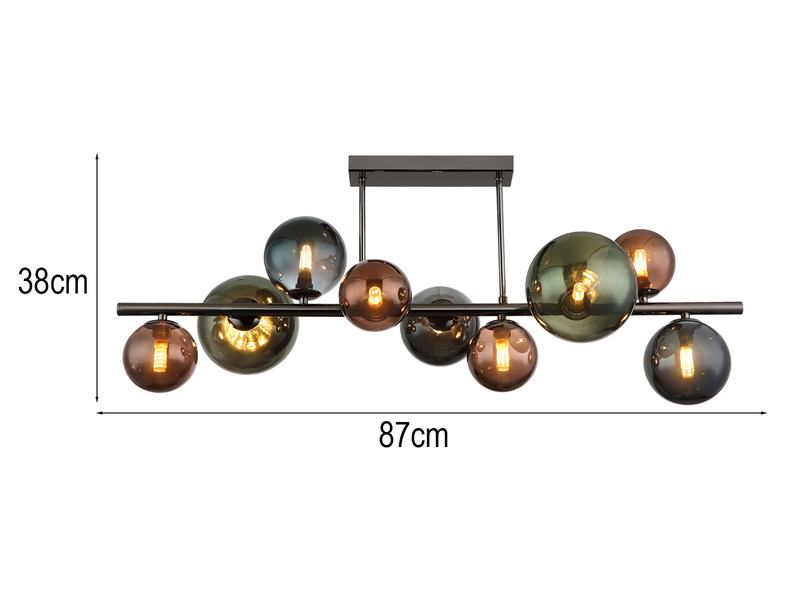 Große Deckenleuchte RIHA Anthrazit 9-flammig mit bunten Glaskugeln, Breite 87cm