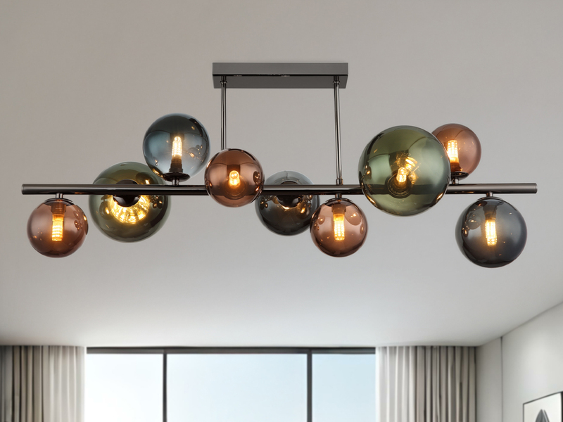 Große Deckenleuchte RIHA Anthrazit 9-flammig mit bunten Glaskugeln, Breite 87cm