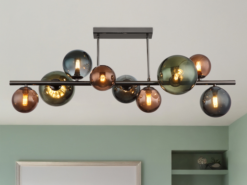 Große Deckenleuchte RIHA Anthrazit 9-flammig mit bunten Glaskugeln, Breite 87cm