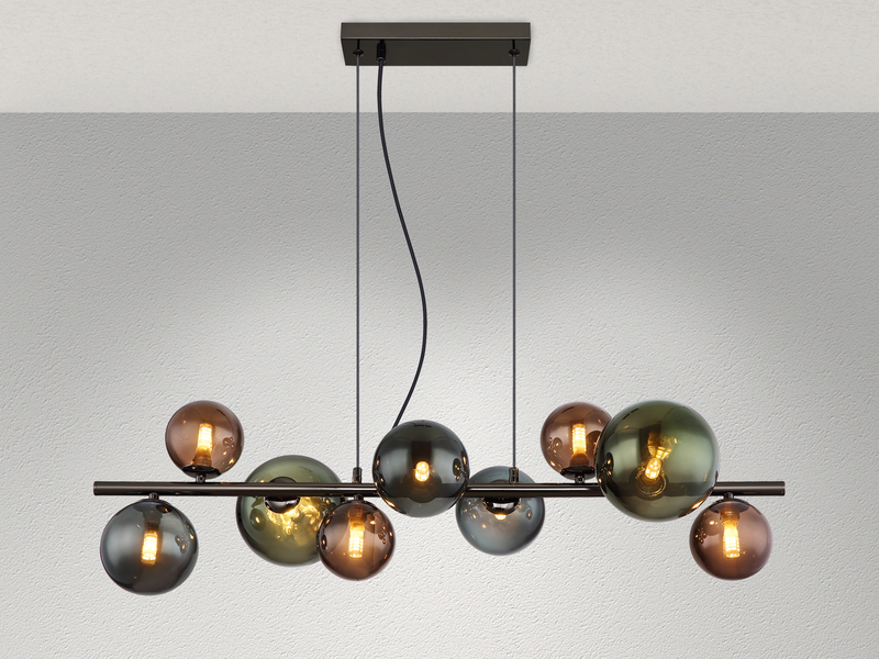 Pendelleuchte RIHA Anthrazit 9-flammig mit bunten Glaskugeln, Breite 86cm