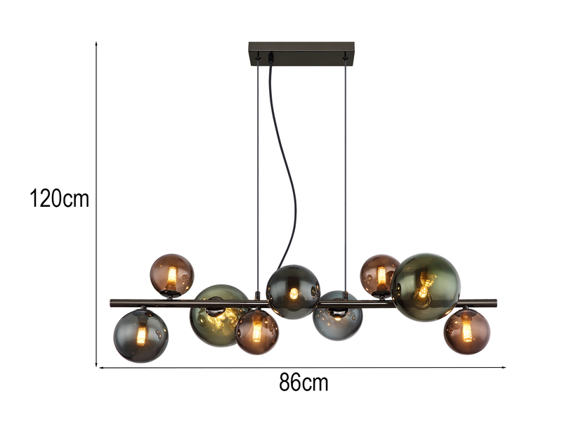 Pendelleuchte RIHA Anthrazit 9-flammig mit bunten Glaskugeln, Breite 86cm