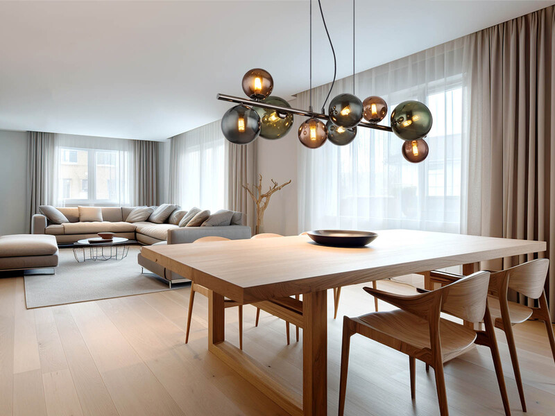 Pendelleuchte RIHA Anthrazit 9-flammig mit bunten Glaskugeln, Breite 86cm