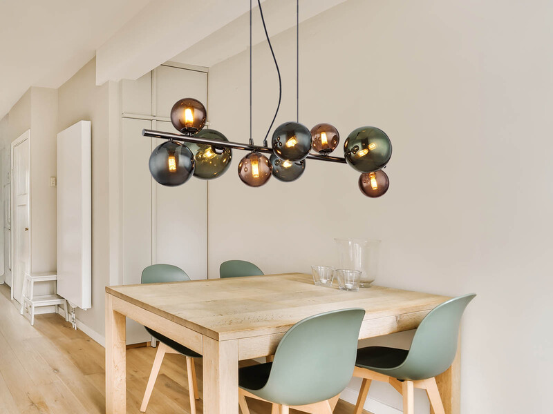 Pendelleuchte RIHA Anthrazit 9-flammig mit bunten Glaskugeln, Breite 86cm