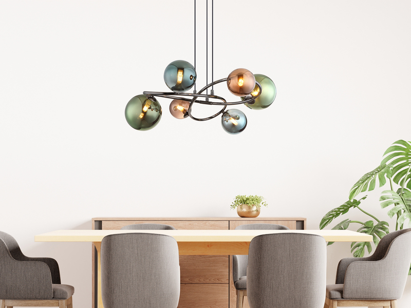 Große Pendelleuchte RIHA Anthrazit 6-flammig mit bunten Glaskugeln, Ø 65cm