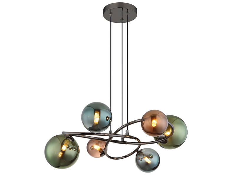 Große Pendelleuchte RIHA Anthrazit 6-flammig mit bunten Glaskugeln, Ø 65cm