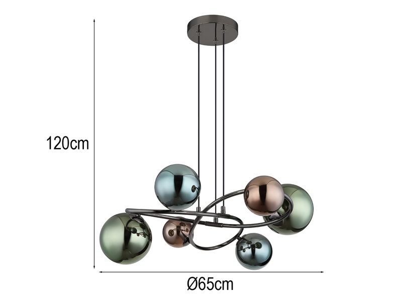 Große Pendelleuchte RIHA Anthrazit 6-flammig mit bunten Glaskugeln, Ø 65cm