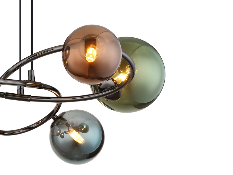 Große Pendelleuchte RIHA Anthrazit 6-flammig mit bunten Glaskugeln, Ø 65cm
