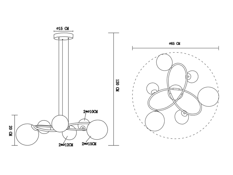 Große Pendelleuchte RIHA Anthrazit 6-flammig mit bunten Glaskugeln, Ø 65cm