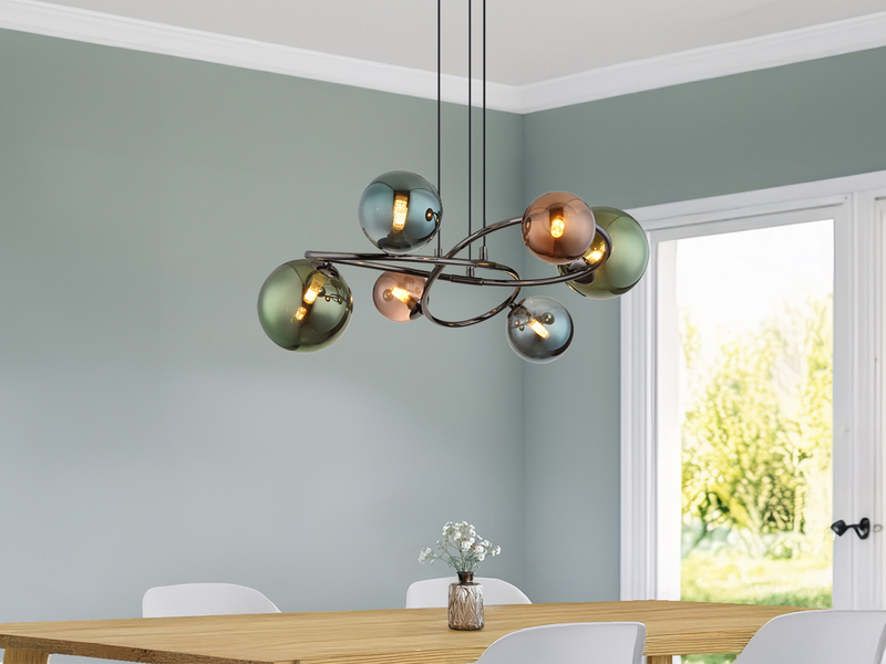 Große Pendelleuchte RIHA Anthrazit 6-flammig mit bunten Glaskugeln, Ø 65cm