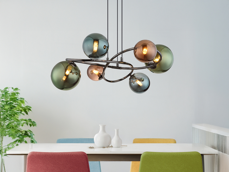 Große Pendelleuchte RIHA Anthrazit 6-flammig mit bunten Glaskugeln, Ø 65cm