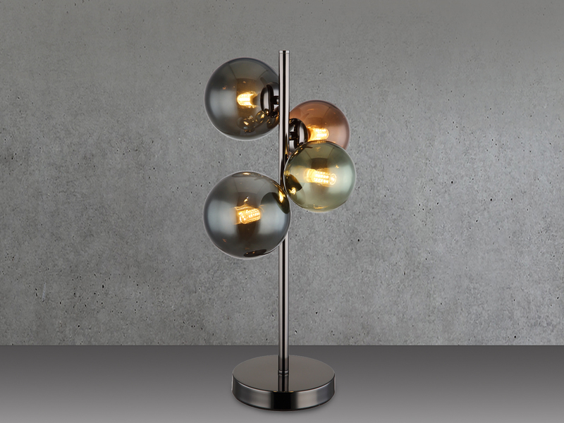 Große Tischleuchte RIHA Anthrazit 4-flammig mit bunten Glaskugeln, Höhe 48cm