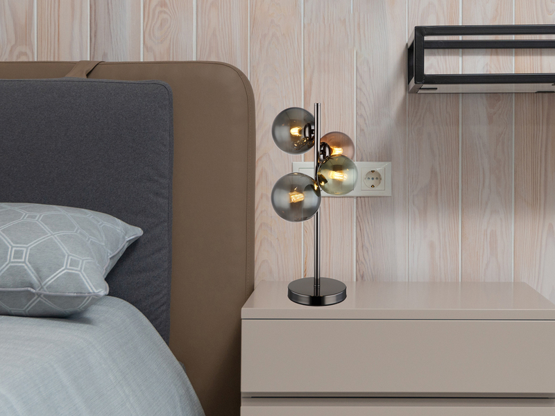 Große Tischleuchte RIHA Anthrazit 4-flammig mit bunten Glaskugeln, Höhe 48cm