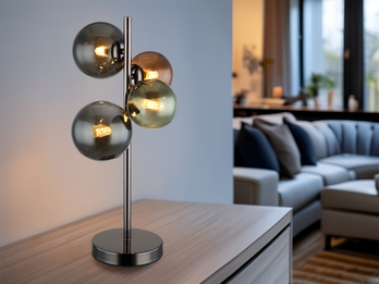 Große Tischleuchte RIHA Anthrazit 4-flammig mit bunten Glaskugeln, Höhe 48cm