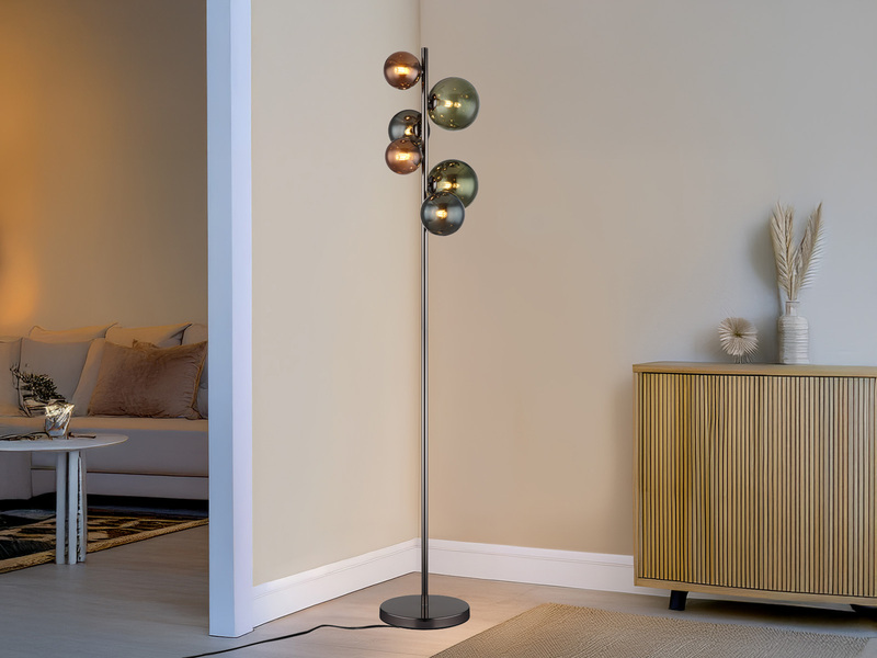 Stehleuchte RIHA Anthrazit 6-flammig mit bunten Glaskugeln, Höhe 155cm