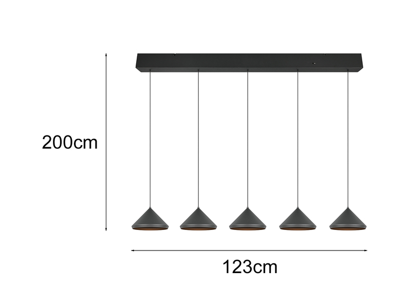 LED Pendelleuchte LAGUNA 5-flammig, höhenverstellbar, Schwarz, Breite 123cm