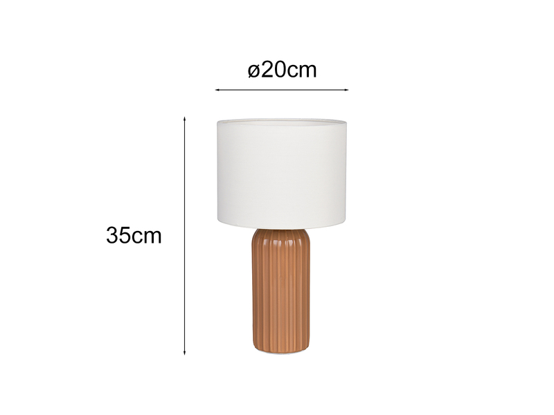 Maße der braunen Tischleuchte: 35 cm Höhe und 20 cm Schirmdurchmesser