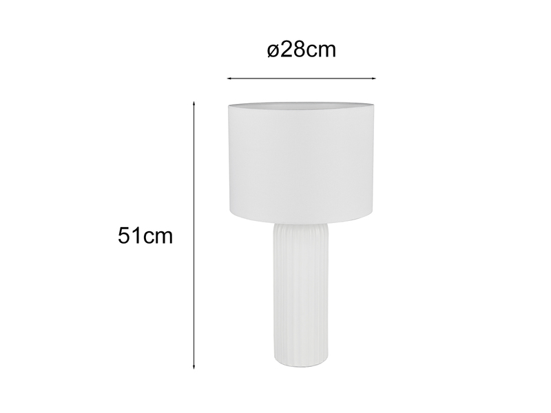 Maße der weißen Tischleuchte: 51 cm Höhe und 28 cm Schirmdurchmesser