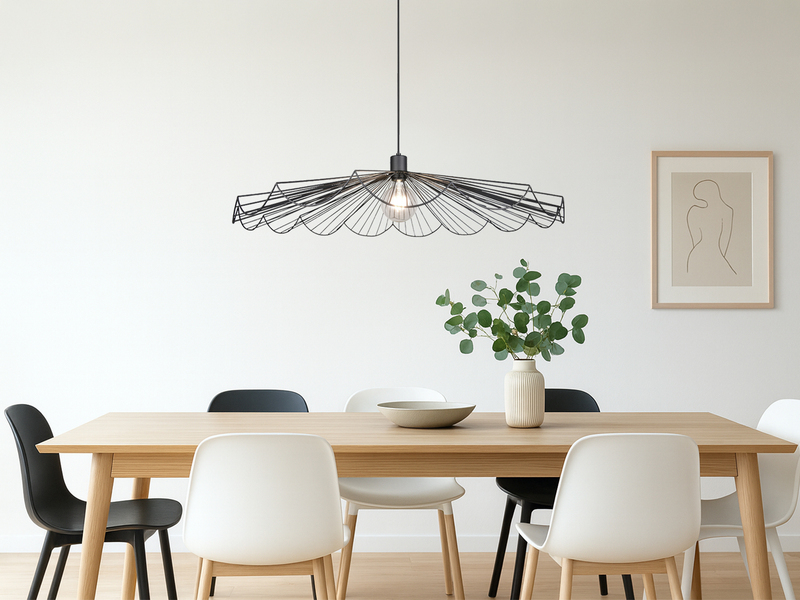 Schwarze Pendelleuchte mit gefächertem Metall Gitterschirm über einem Esstisch