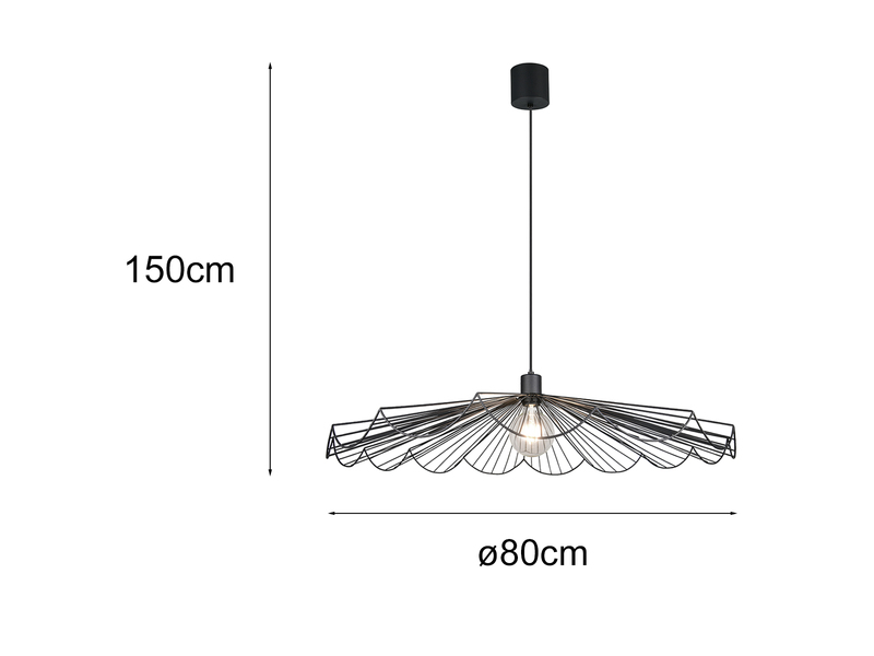 Maße der schwarzen Pendelleuchte: 150 cm Höhe und 80 cm Durchmesser