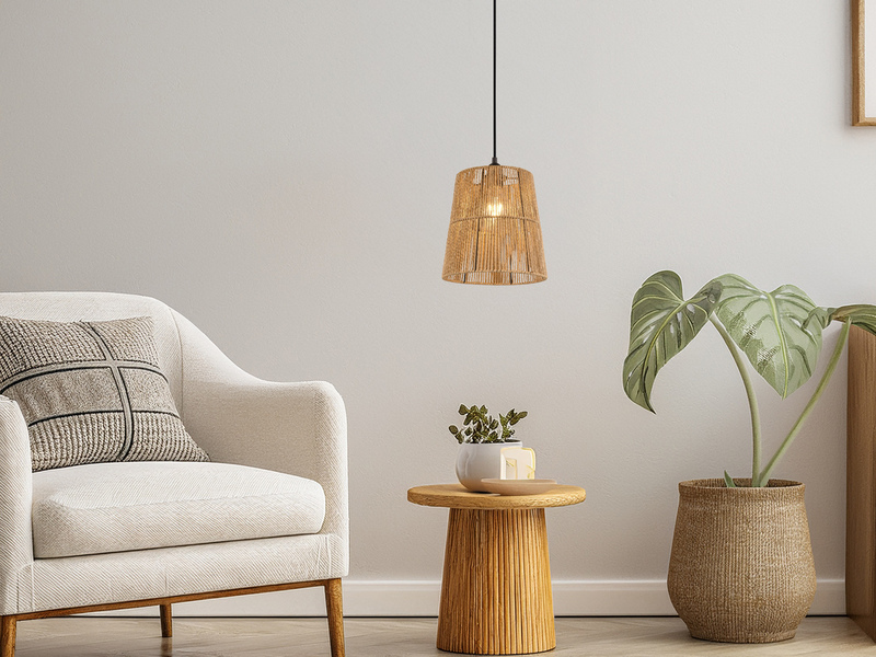 Kleine LED Pendelleuchte 1-flammig mit Lampenschirm aus Papiergarn, Ø 24cm