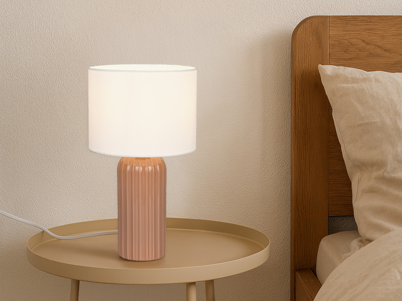 LED Tischleuchte mit Keramikfuß Mocca & Stoffschirm Beige, Höhe 36cm