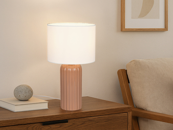 LED Tischleuchte mit Keramikfuß Mocca & Stoffschirm Beige, Höhe 36cm