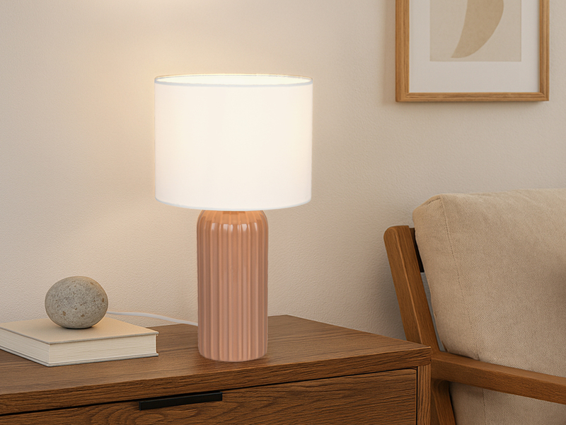 LED Tischleuchte mit Keramikfuß Mocca & Stoffschirm Beige, Höhe 36cm