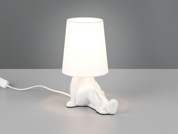Tischleuchte HUMA Keramik Weiß mit Stoffschirm, Höhe 24,5cm