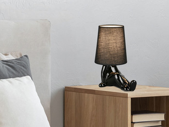 Tischleuchte HUMA Keramik Schwarz mit Stoffschirm, Höhe 24,5cm