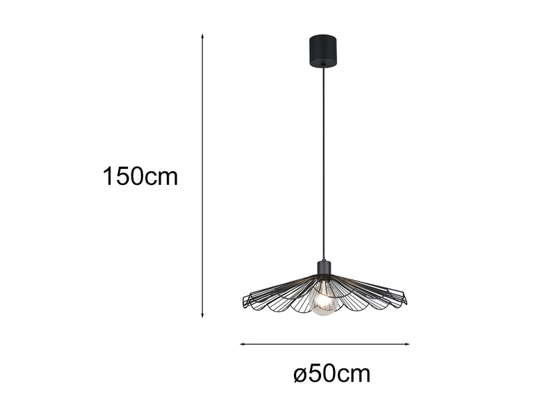 Maße der schwarzen Pendelleuchte: 150 cm Höhe und 50 cm Durchmesser