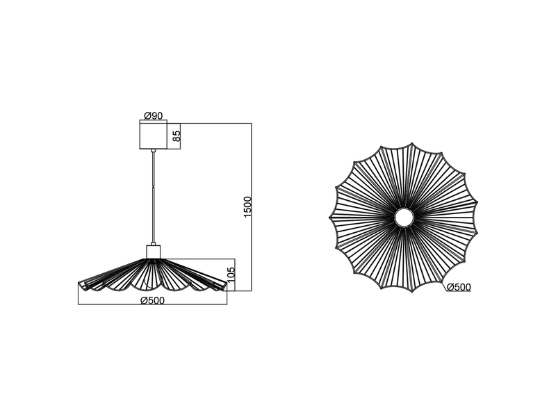 Technische Zeichnung der schwarzen Pendelleuchte - Seiten- und Draufsicht mit Maßangaben