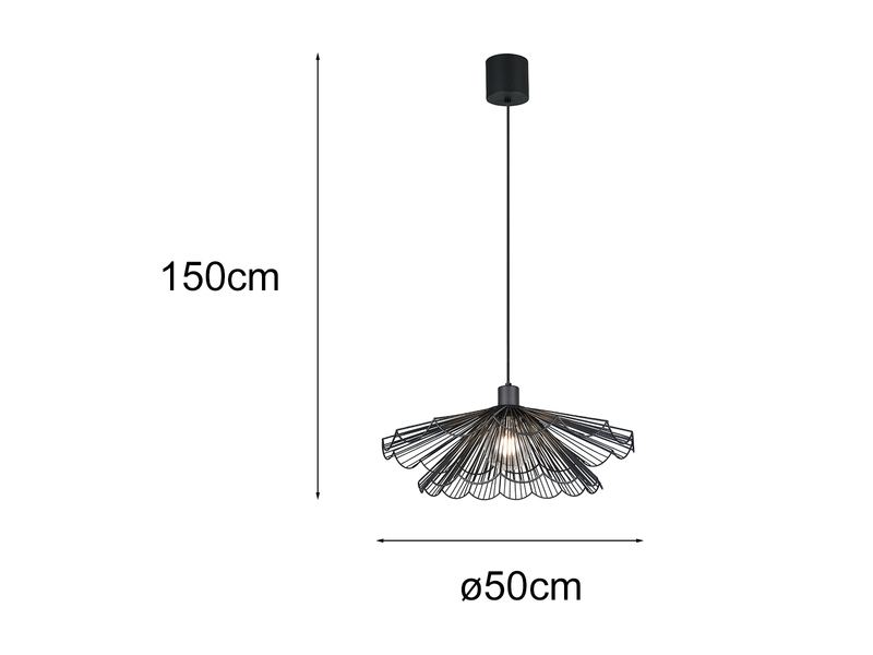 Maße der schwarzen Pendelleuchte: 150 cm Höhe und 50 cm Durchmesser