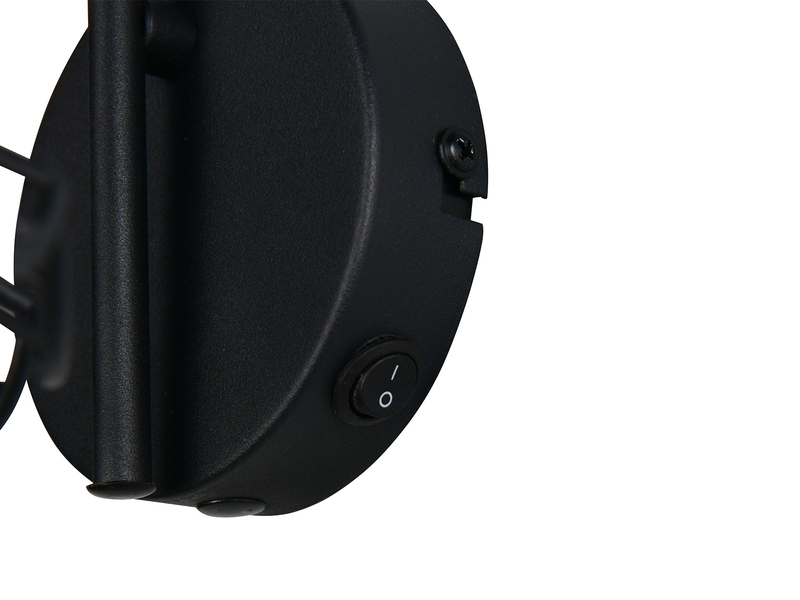 Detailaufnahme des Schalters an der Wandplatte der schwarzen Wandleuchte