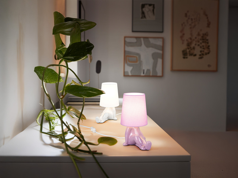 LED Tischlampe Keramik Weiß mit Stoffschirm, Höhe 24,5cm