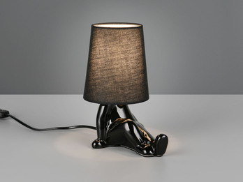 LED Tischlampe Keramik Schwarz mit Stoffschirm, Höhe 24,5cm