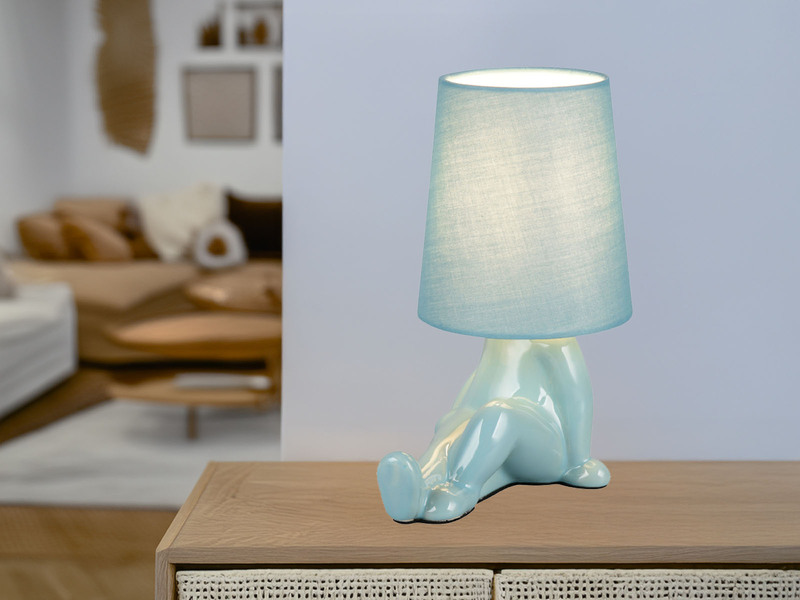 LED Tischlampe Keramik Blau mit Stoffschirm, Höhe 24,5cm