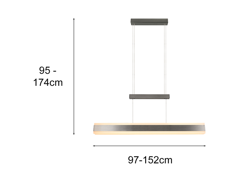 Maßzeichnung der LED-Pendelleuchte: Breite 97-152cm, höhenverstellbar von 95 bis 174cm