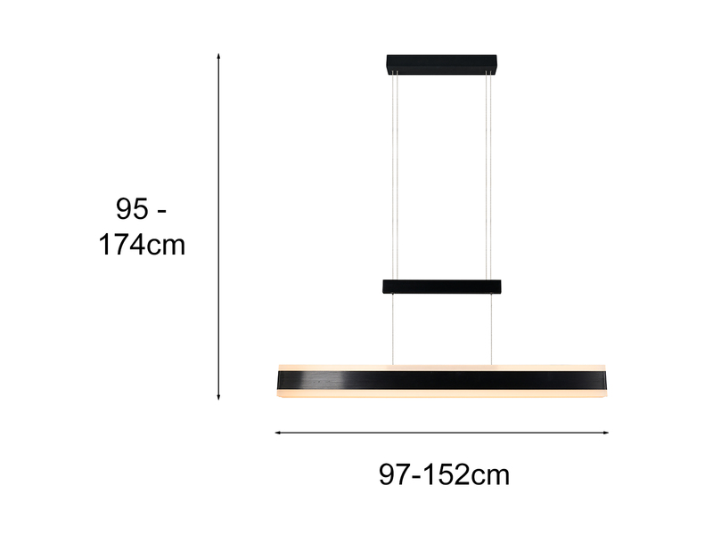 Maßzeichnung der LED-Pendelleuchte: Breite 97-152cm, höhenverstellbar von 95 bis 174cm