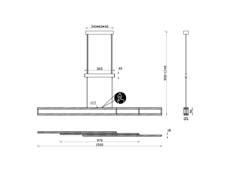 Technische Zeichnung der linearen LED-Pendelleuchte mit Maßangaben und Höhenverstellung
