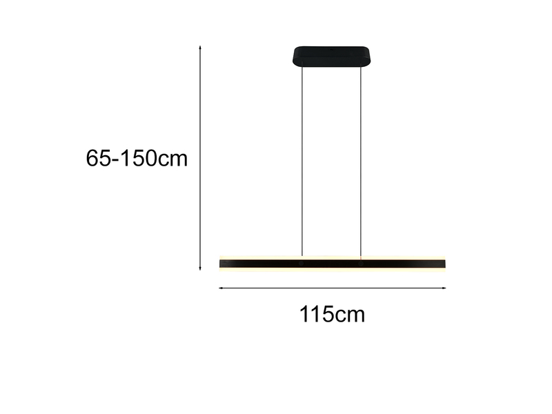 Maßzeichnung der LED-Pendelleuchte: Länge 115cm, höhenverstellbar von 65 bis 150cm